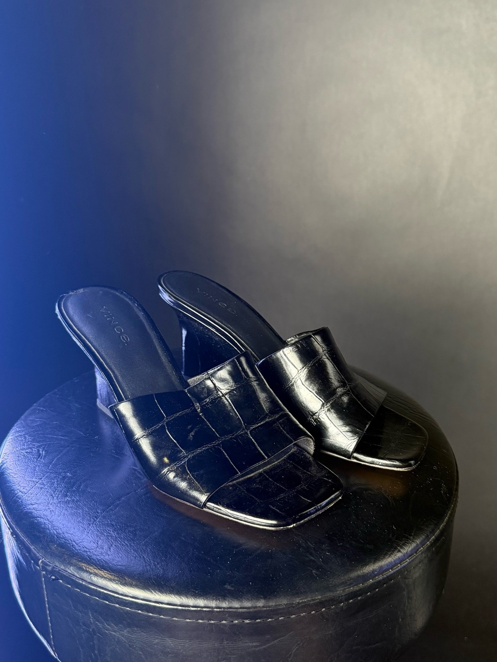 Vince Black Croc-Embossed Leather Slide Wedges